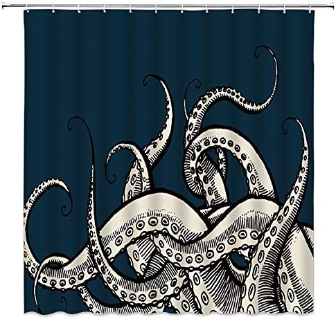 MNSC Пипала на Октопод Завеса за Душ Океан Животно Кракен Син Фон Подводни Обитатели Ефект Ръчно рисуване