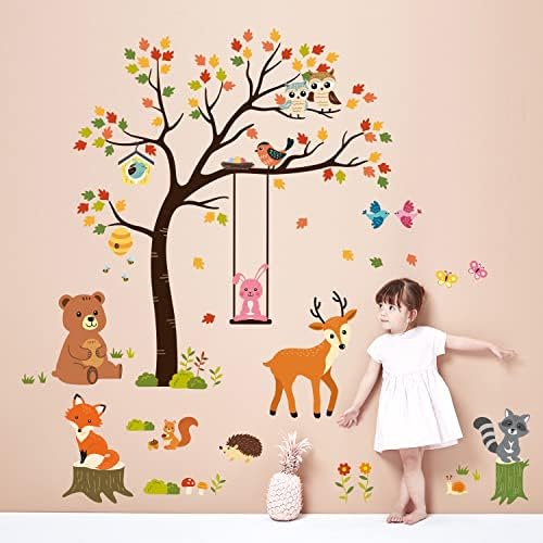 DECOWALL LS-2208 Стикери за стена с изображение на дървета и животни, Етикети за детска стая, Есенен Декор Спалня, Детска