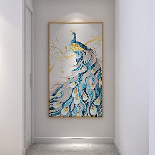 Ръчно Рисувани с маслени Бои Животни - Абстрактен Паун от Златно Фолио с Голям Размер, Вертикална Входна Живопис с маслени