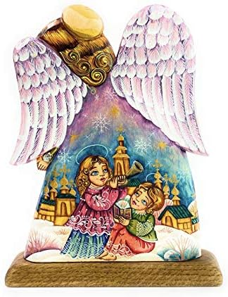 Дизайнерска дървена фигурка Коледен Ангел с любов изрязана и раскрашена руски художници. Направено на ръка в Русия компания