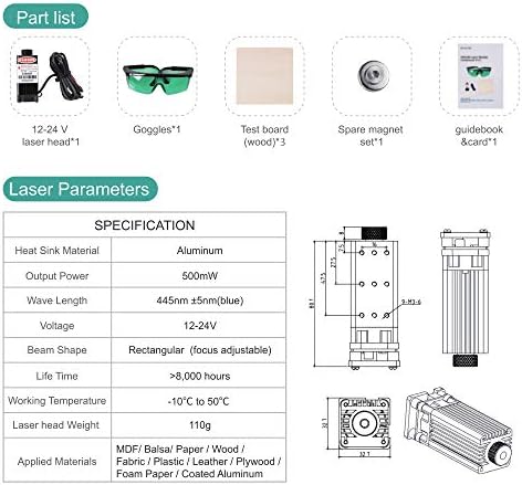 Лазерен модул Sovol 3D мощност 500 Mw, Комплекти за лазерни глави за гравиране 12-24 В Магнитен Дизайн с Предпазни Очила,