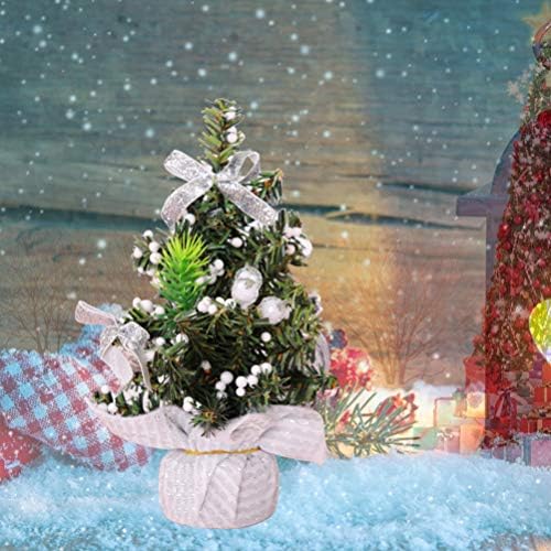 Happyyami Мини Настолна Коледна Елха Украсена Коледна Елха с Лък, Коледна Украса на Работния плот, Украшение, Сребро