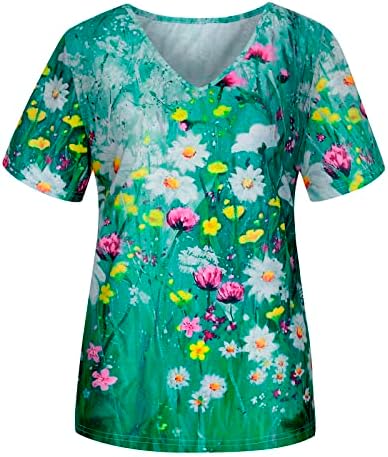 Женска Тениска от Ликра Vneck Лято Есен с Къс Ръкав и Цветна Принтом, Блуза Свободно, Намаляване, Ризи За Момичета