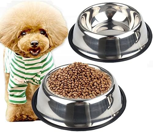 Купички за кучета от неръждаема стомана Oomiibe с плъзгане гумена основа, 2 опаковки, А за домашни любимци и Купички за вода,