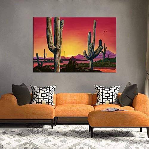 iHAPPYWALL Голям Платно с пейзаж Saguaro, Стенно изкуство, Залез, Кактус в Аризона, Оранжев Фон, Художествена