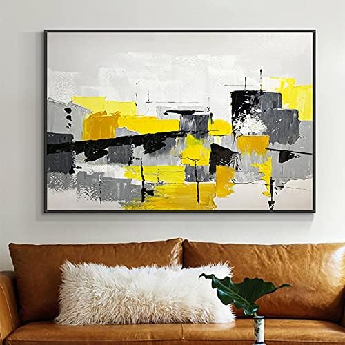 BKSTJ Абстрактна Геометрична Картина за Ръчно Рисувани Живопис с маслени бои Върху платно Модерна Жълто Сиво Синьо Стенни