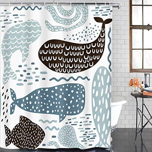 Завеса за душ Emvency Черна Абстрактна с Морски животни-Детски Морски котик Кит, Октопод, Риба Детска в Пастелни цветове