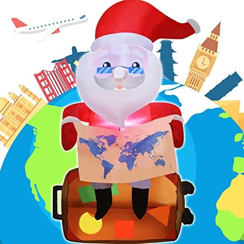 Коледни надуваеми украшения Santa Tour дължина 6,3 метра, Дядо Пътува по целия свят с карта и куфар, Перезапускает
