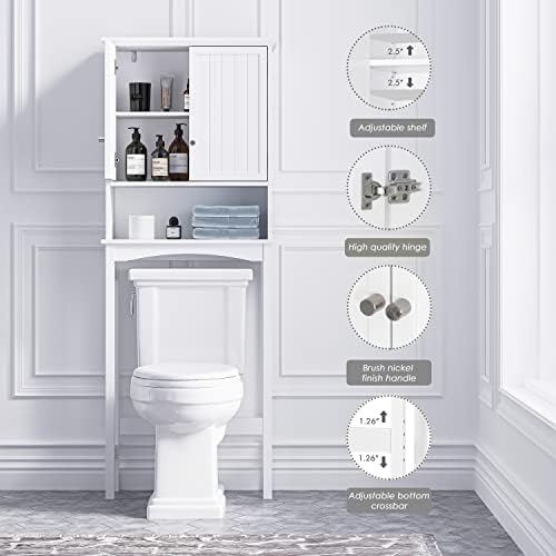 Шкаф UTEX за съхранение баня над тоалетна, органайзер за баня с регулируеми рафтове и двойни врати, бял