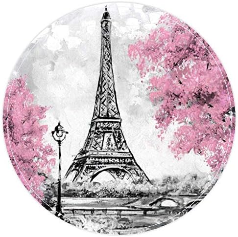 HEOEH Франция Париж-Айфеловата Кула Розови Дървета Живопис с маслени Бои, Нескользящий Мат 15,7 Кръгла Мат Килими