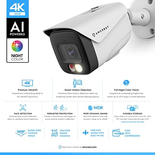Amcrest UltraHD 4K (8MP) IP PoE AI-камера, FOV 129 °, Цветно нощно виждане 49 метра, Външна Пуленепробиваемая