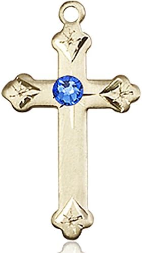 Bonyak Jewelry Кръст от Жълто Злато 14 карата с 3 мм, Септември, Син кристал на 7/8 x 1/2 инча