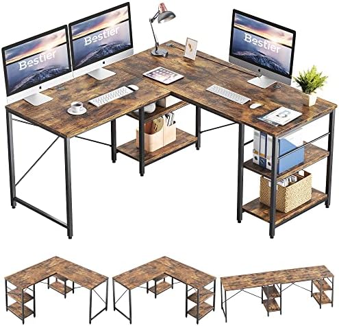 Най-добрият L-образна маса с рафтове 95,2-инчов Заден кът бюро за Компютър или Дълга маса за 2-ма души за Домашния офис