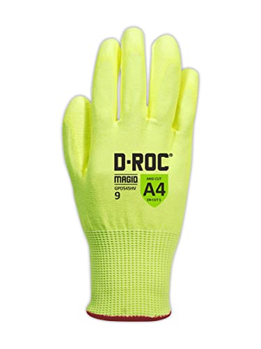 Ръкавици MAGID GPD545HV9 D-ROC от смес от HPPE с изкуствена трева за дланите, в размер на 9, е ярко жълт цвят (12 чифта)