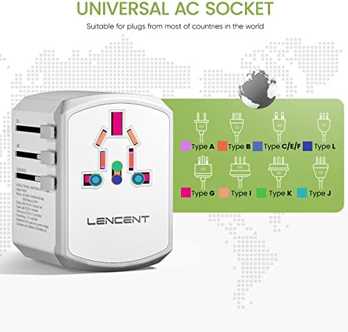 Универсален адаптер за пътуване LENCENT, международната зарядно устройство с 3 USB порта и адаптер бързо зареждане