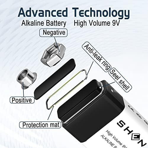 Батерии SHENMZ 9V, 9-Вольтовые Издръжливи Батерии Алкални Батерии със срок на годност 10 години (16 бр)