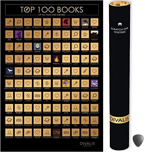 Плакат Divalis 100 Books Scratch off с помощта на скрепер - Лесно се поставя в рамка 24x16 100 Задължителните за четене