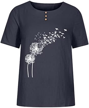 Блуза, Риза за Дами Лято Есен Къс Ръкав през Цялата Деколте Лодка Бельо Памучен Риза с Копчета с Графичен Модел