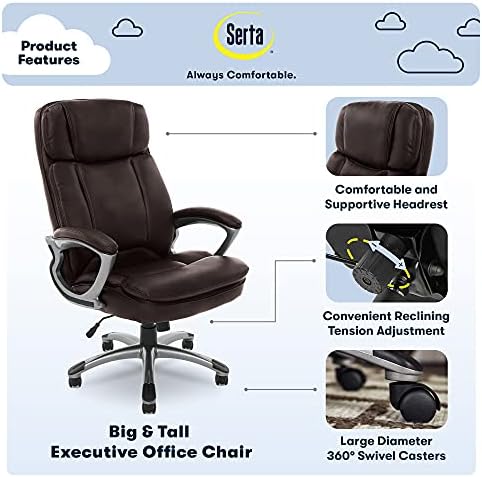 Офис стол за мениджъри Serta Big & Tall с висока облегалка, комфортно през целия ден, ергономична лумбална