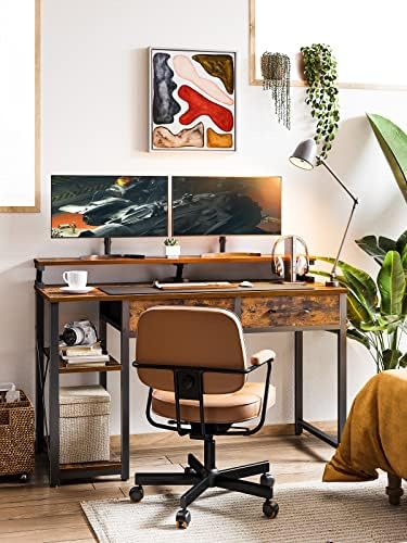 Компютърна маса ODK 47 Маса: Офис бюро с чекмеджета и дървени рафтове за багаж, бюро за домашна работа и Голяма Поставка За монитор,