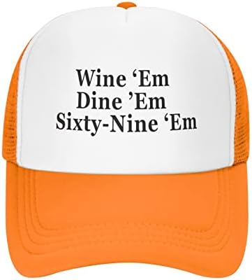 Wine Em Dine Em Sixty Nine Шапка Унисекс За Възрастни Шапки шофьор на камион Регулируема Шапка за Възрастни Класически Рибарски