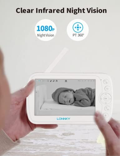 Следи бебето LONNKY с камера и звук с 5-инчов цветен дисплей с резолюция 1080P със завъртане на 355 ° /наклон