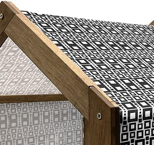 Абстрактен Дървена Къщичка за домашни любимци Ambesonne, Монохромен Фигура от квадрати с различни размери с Геометрични