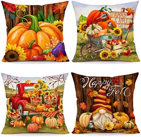 4TH Емоцията на Есенния Декор Калъфки 18x18 Комплект от 4 Тиквени декорации за Фермерска къща Happy Fall Gnome Ябълки Слънчоглед