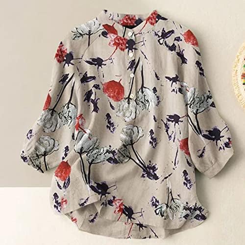 Дамски Памучни Ленени Блузи Големи Размери в стил Бохо с флорални Принтом, Тениски с кръгло деколте и къс ръкав,