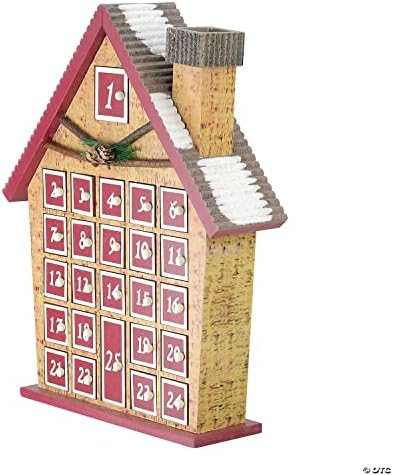 Коледна украса на масата Northlight - 15 x12x3,25 | Къщичка с Адвент-календар | Дърво - Червено и бежевое |