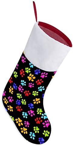 Цветни Коледни Чорапи с Отпечатъци от Кучешки Лапи, Коледна Елха, Висящи Чорапи за Камината, с Къси Плюшени Белезници,