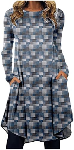 NOKMOPO Рокли за жени 2023, модерен случайни пуловер за гостите на сватбата, с кръгло деколте и принтом, свободно рокля