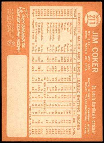 1964 Topps 211 Джим Кокер Сейнт Луис Кардиналс (Бейзболна картичка) EX/MT+ Кардиналс