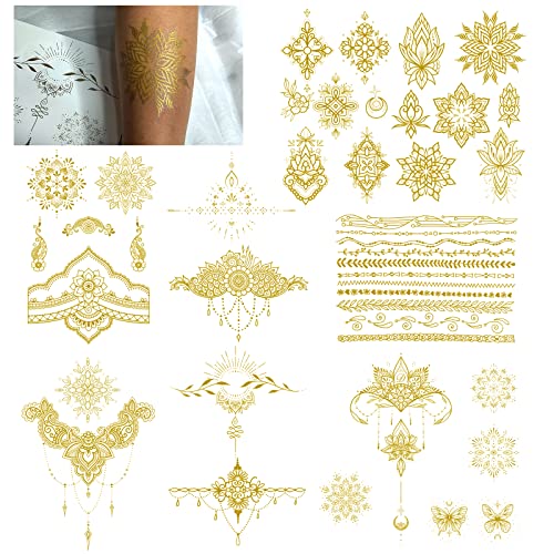 Временни татуировки Roarhowl с метален блясък, злато, сребро, подходящи за всички тонове на кожата (златни 1)