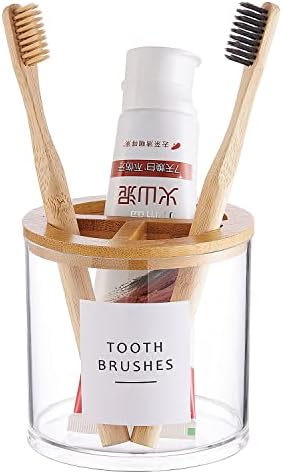 Onsogi Дебел Прозрачен Пластмасов Държач за четка за зъби с бамбук капак за декор за Баня, Шкаф-органайзер за четка за зъби