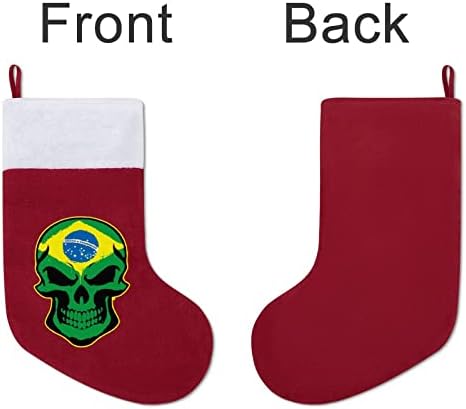 Бразилски Флаг Череп Забавен Коледен Отглеждане с Къси Плюшени Белезници Коледни Чорапи за Окачване на Камината Семейно Празнична
