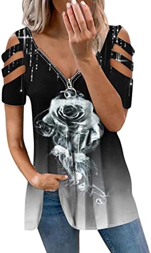 YaYiYa Блуза, Тениска за Момичета с Къс ръкав 2023 Година С открити рамене Памучен Блуза с цип с графичен принтом и Цветя