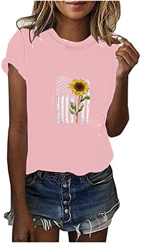 Дамски Ризи Патриотични Блузи с Флорални Принтом Слънчоглед, Тениски С Къс ръкав и Кръгло деколте, Риза от Ликра