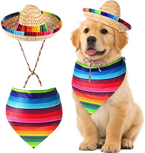 Шапка-Сомбреро за Кучета, Многоцветни Вечерни Шапка-Сомбреро, Слама Мексиканска Шапка и Забрадка за Кучета,