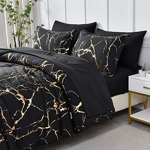 Комплект одеяла Yogeneg със Златист метален Мрамор King Size Легло в леглото от 7 теми, Черно Одеало и Чаршаф с брилянтен