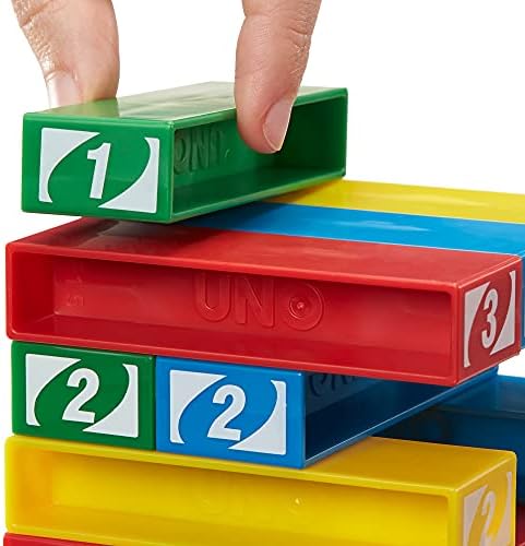 Mattel Games UNO StackoGame за деца и семейства с 45 цветни кубчета, първоначално зареждане с чекмедже и