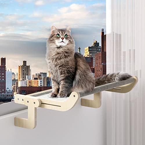 ПЕТ БАРАКА Large Cat Window Perch - Твърда седалка-хамак за котки до прозореца с дървени и метални рамки, лесно регулируем,