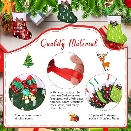 30 Опаковки Мини Коледни Чорапи, 6-Цолови Зимни Чорапи за Коледната елха с Камбана, Малки Червени Чорапи в клетка от Бъфало,