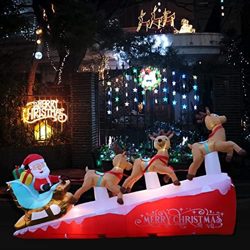 Коледни надуваеми украшения Hioasis 13 фута, Дядо Коледа в шейна с 3 надуваеми елени, Гигантски Надуваеми външни декорации