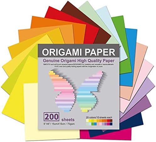 Хартия за оригами 200-Листа, 20 ярки цветове, Двустранен цветове Правят Оригами Цветни и лесно, Квадратен лист 6 инча,