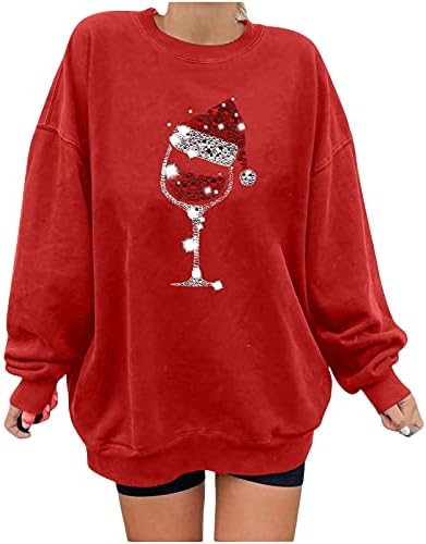 Дамски Коледна Hoody С Принтом под формата на Чаши Червено Вино, Пуловер с дълъг Ръкав, Без Удобен Скок с Кръгло