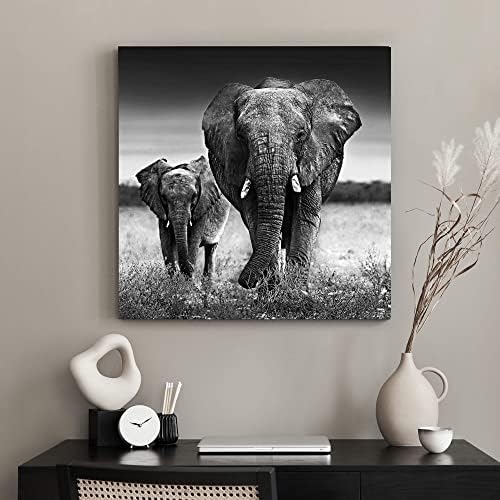 Слоновете Стенно Изкуство Платно Интериор: Черен, Бял Цвят и Два Слона Живопис На Тема Животни Украса Модел