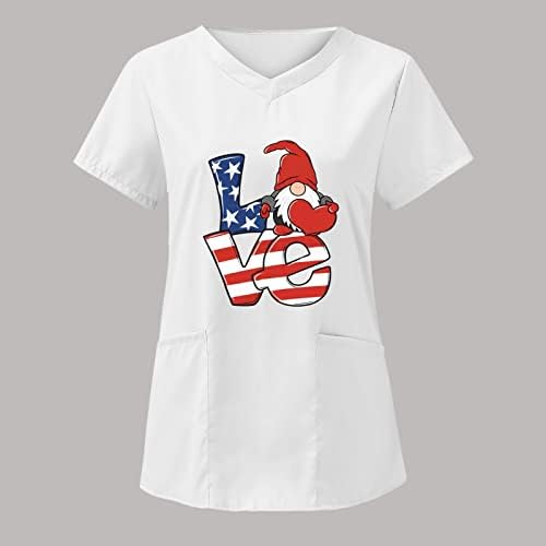 На 4 Юли, Тениска за Жени с Флага на сащ, Летни Тениски с Къс Ръкав и V-образно деколте, 2 Джоба, Блузи, Празнична