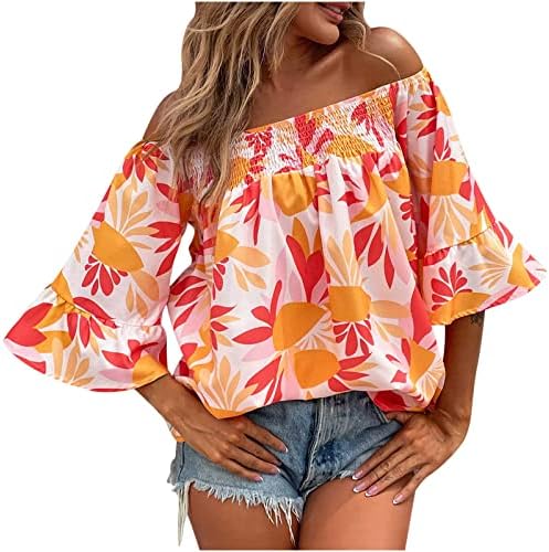 Блуза С Цветен Модел, Женска Риза С Къс Расклешенным 3/4 Ръкав С открити Рамене, За Плаж, отдих, като Основната Риза Свободно