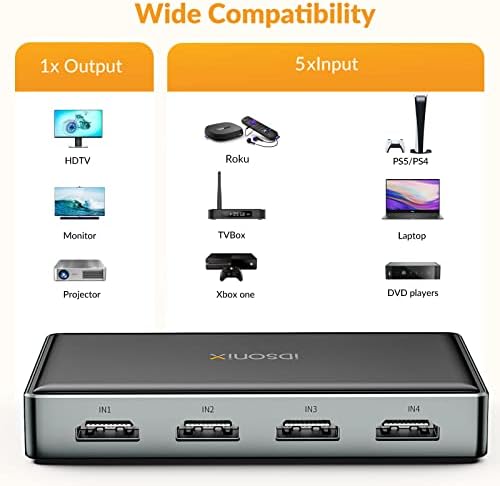 Преминете iDsonix HDMI 4K @60Hz UHD HDMI Switcher Сплитер 5 in 1 Out, Кутия за превключване на HDMI с ИНФРАЧЕРВЕНО